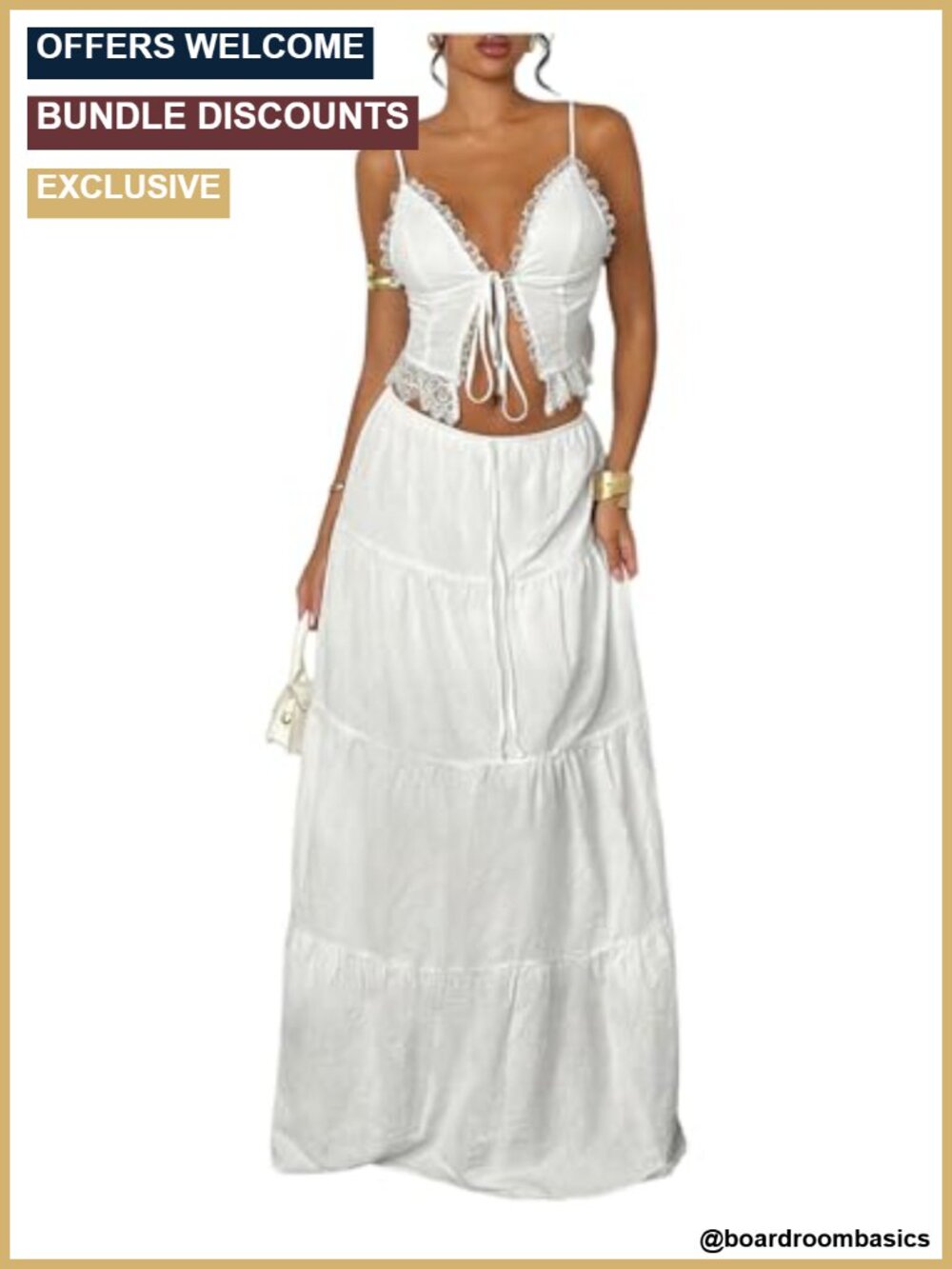 2 Piece Tie Front Camisole Top Tiered Maxi Skirt Set Lace Spaghetti Strap